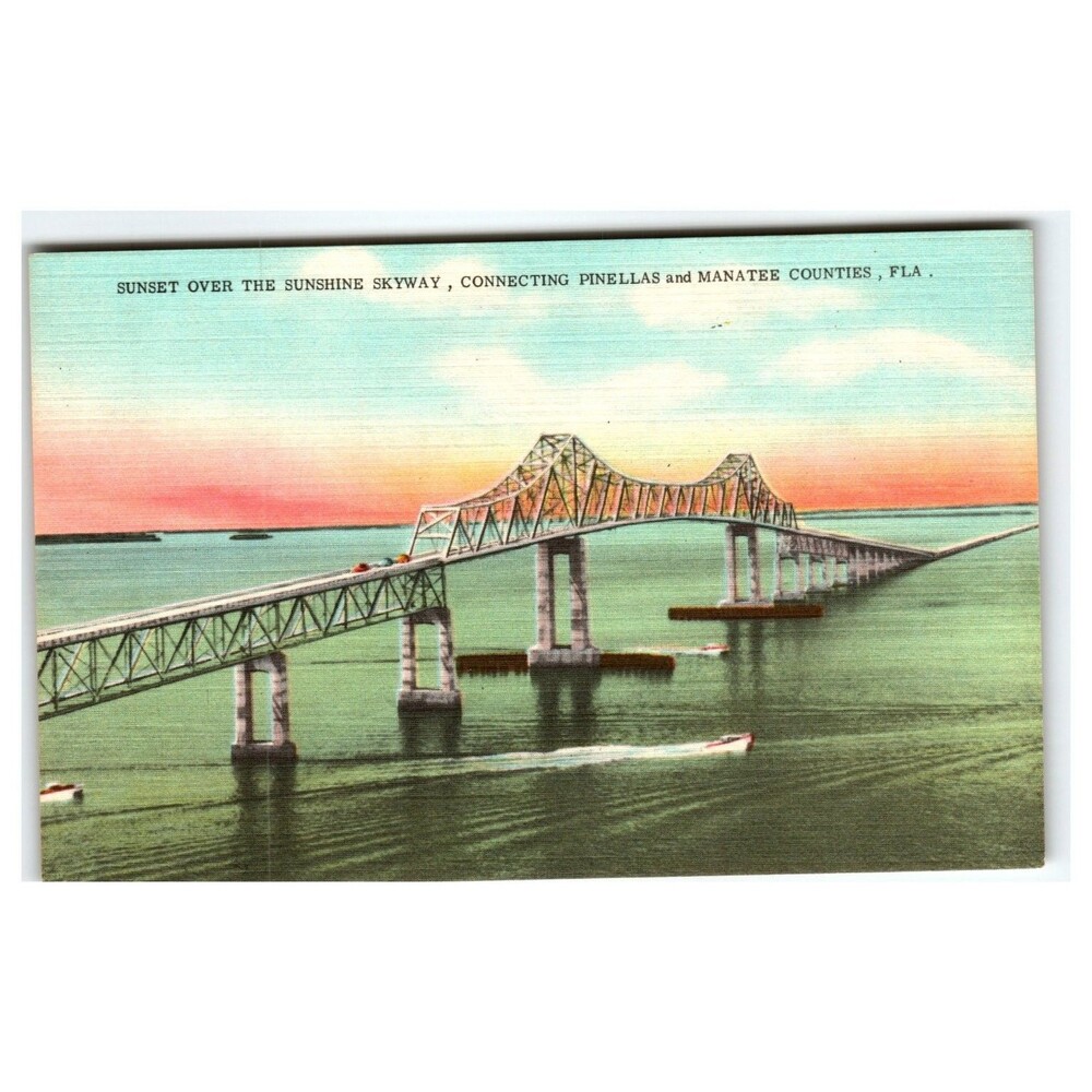 Vintage Sunshine Skyway Bridge Florida Linen Postcard Sunset View